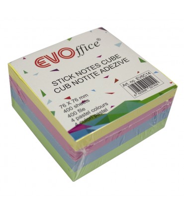 Notes Autoadeziv Cub Color 76x76 mm, 400 File, 4 Culori Pastel, Marca EVOffice