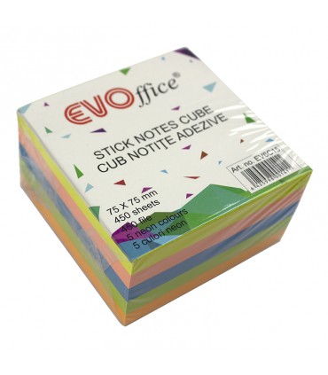 Notes Autoadeziv Cub Color 75x75 mm, 450 File, 5 Culori Neon, Marca EVOffice