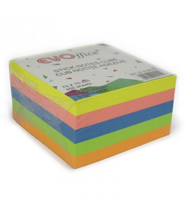 Notes Autoadeziv Cub Color 75x75 mm, 450 File, 5 Culori Neon, Marca EVOffice