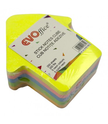 Notes Autoadeziv Cub Color, 250 File, 5 Culori Neon - Diverse Modele, Marca EVOffice